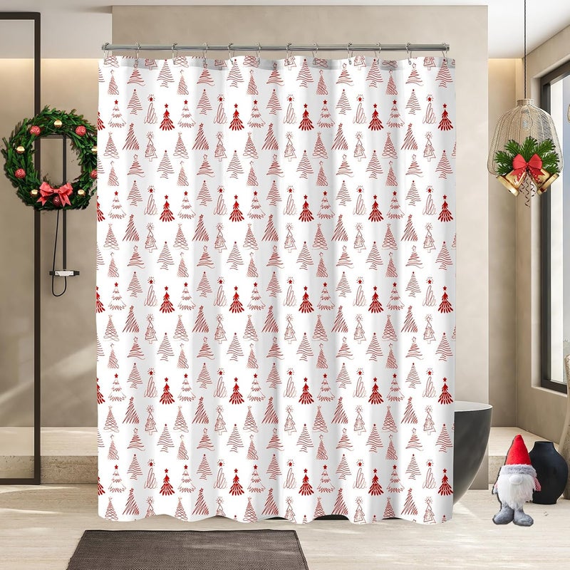 YOSTEV Christmas Shower Curtain, Red Christmas Tree Shower Curtains for Bathroom Decor, White Red Winter Holiday Shower Curtain, Merry Christmas Xmas Pine Fabric Cloth Bath Curtain, 72 x 72 Inch - Image 2